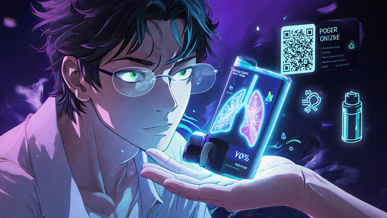 A smart inhaler with holographic feedback and VR training overlay, glowing medical symbols floating around it.