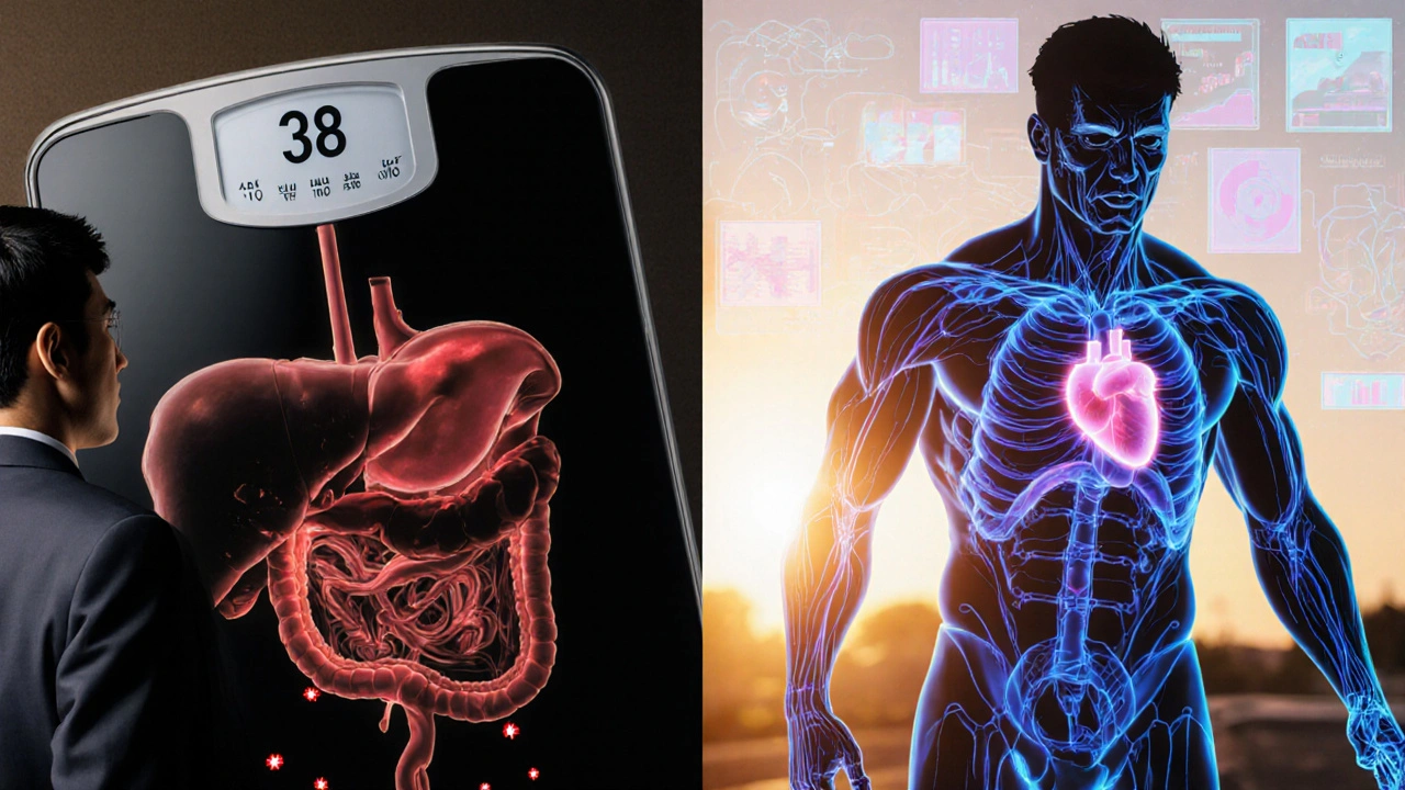 A thin man with internal visceral fat revealed, transitioning to a healthier version walking at dawn in dynamic anime pose.