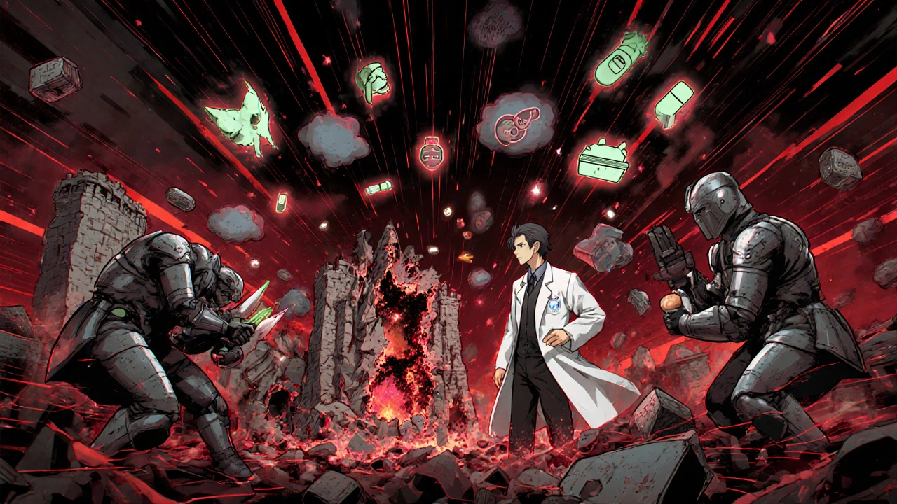 An internal warzone where T-cells attack a thyroid fortress, with medical symbols and absorption blockers floating nearby.