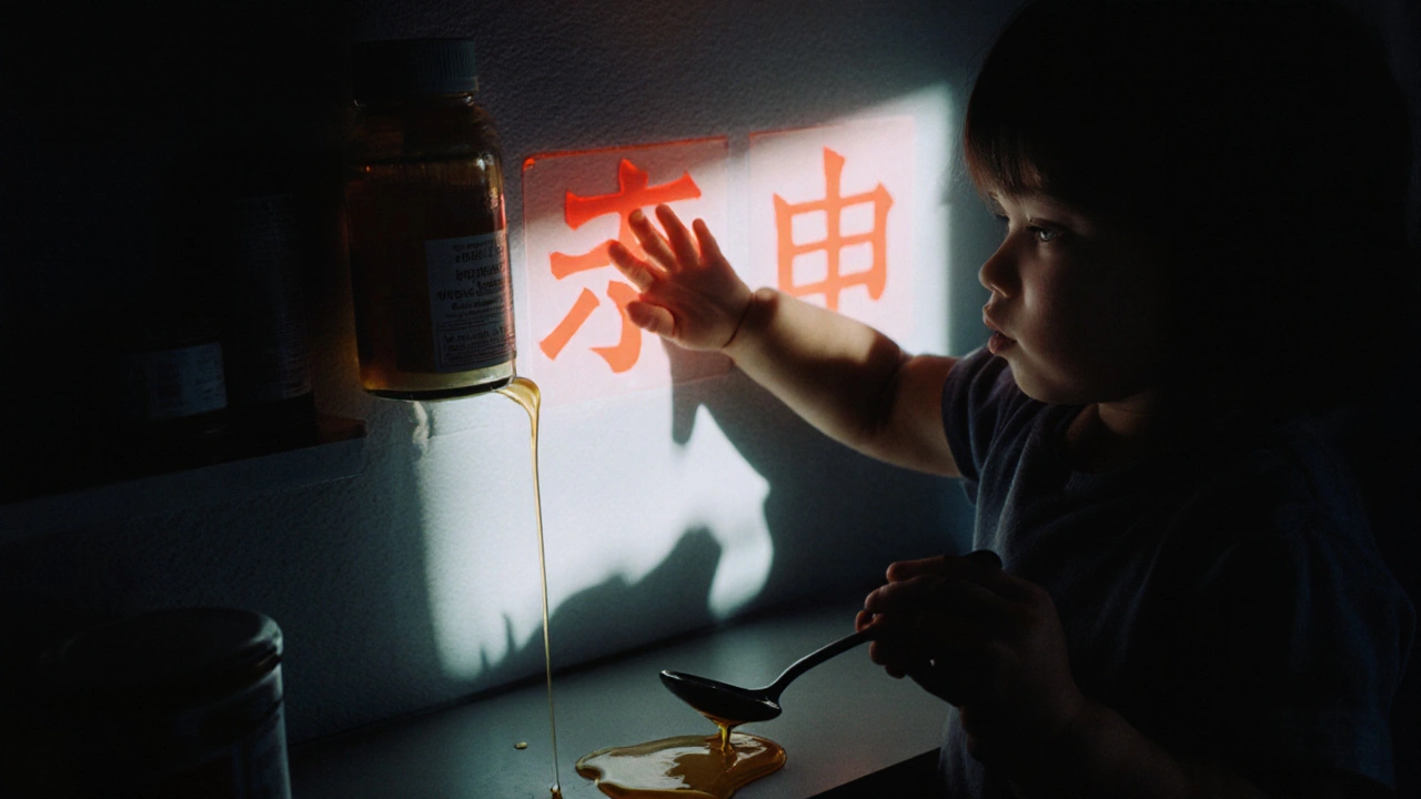 Child reaching for cold medicine as ghostly warning symbols hover nearby, while honey drips from a spoon just out of view.