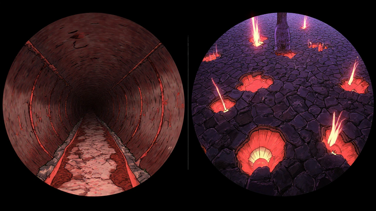 Colonoscopy view depicting uniform ulcers in ulcerative colitis and cobblestone pattern in Crohn&#039;s disease.