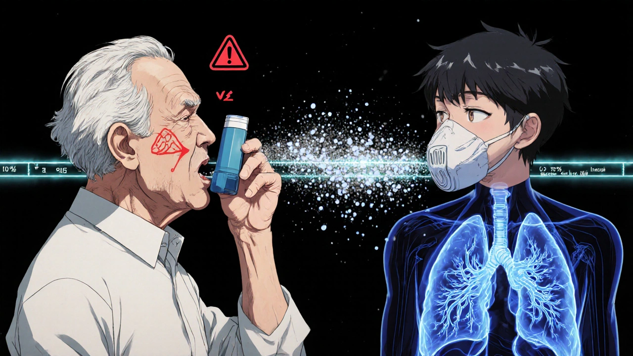Contrasting scenes: incorrect inhaler use causing throat irritation vs. proper use with spacer delivering medicine to lungs.
