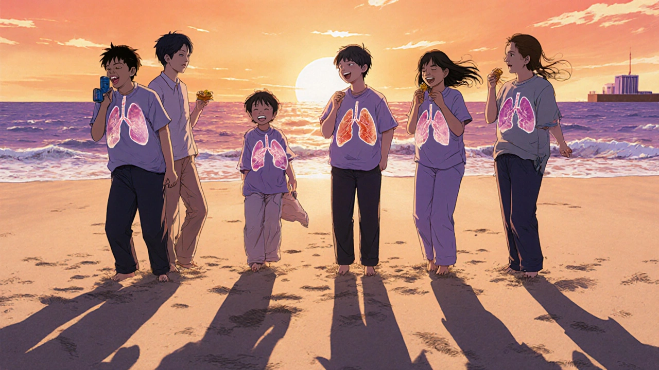 Diverse group of CF patients laughing at sunset, healthy lung shadows replacing damaged ones.