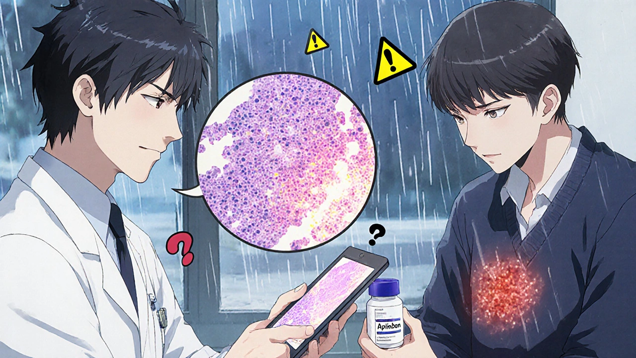 Doctor examining skin biopsy on tablet while patient sits nearby with apixaban bottle.