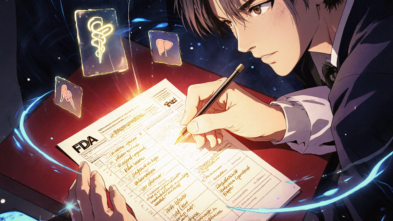 Hand filling out a MedWatch form with medical symbols floating above in glowing light.