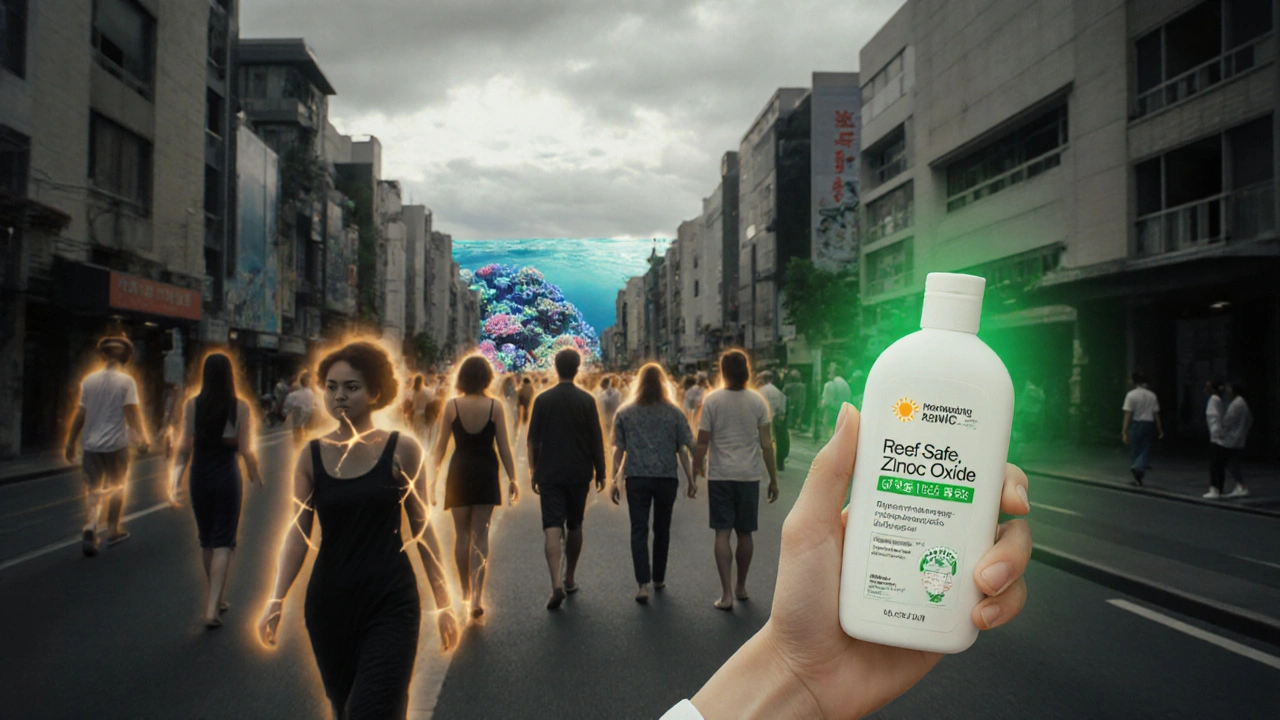 Melbourne street scene with people surrounded by glowing sunscreen auras, one bottle emitting green light, coral reef fading in background.