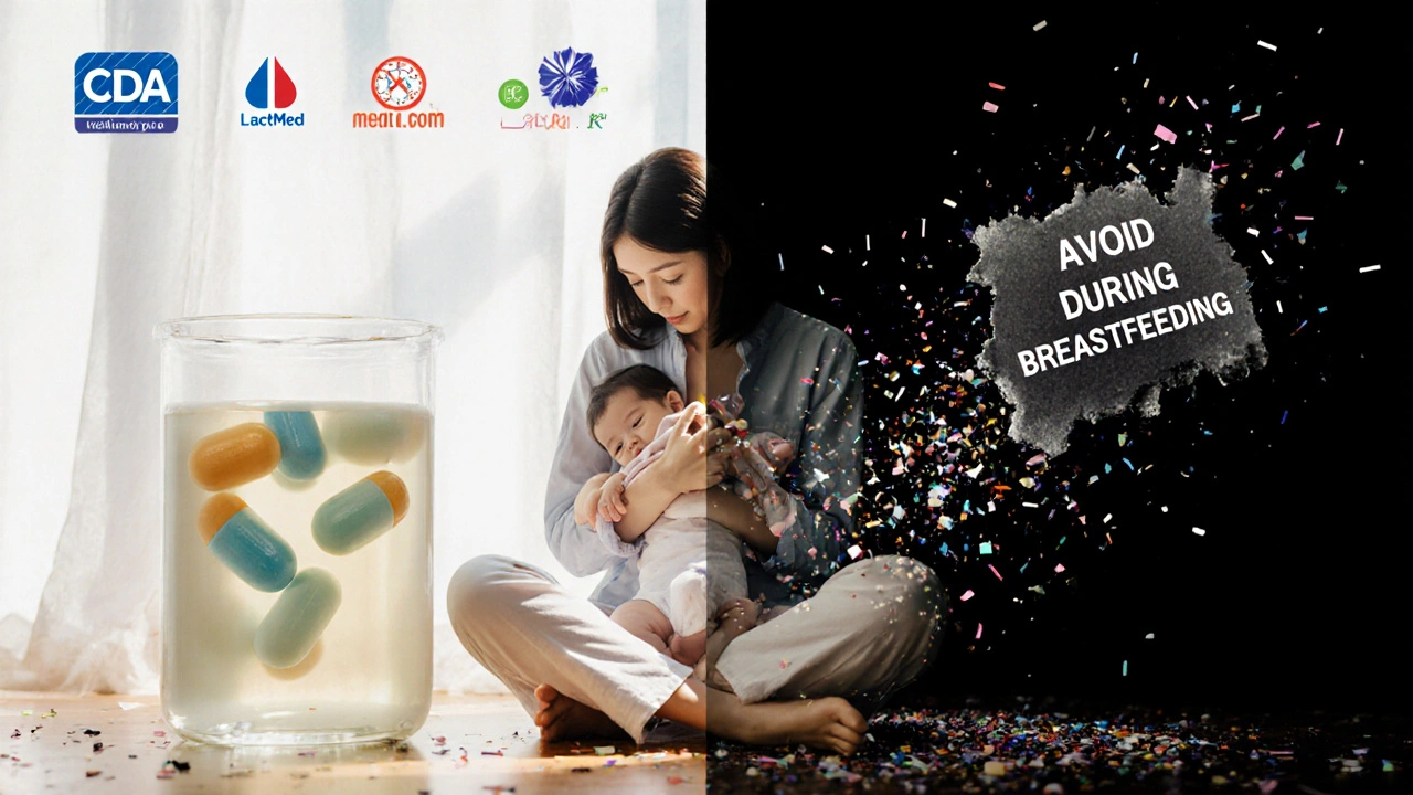 Mother taking medication while breastfeeding, with safety data glowing beside her.