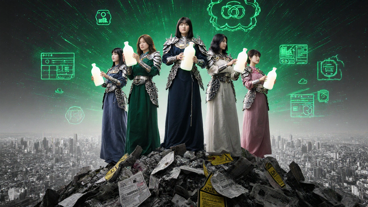 Mothers standing tall holding breast milk bottles, standing on discarded warning labels.