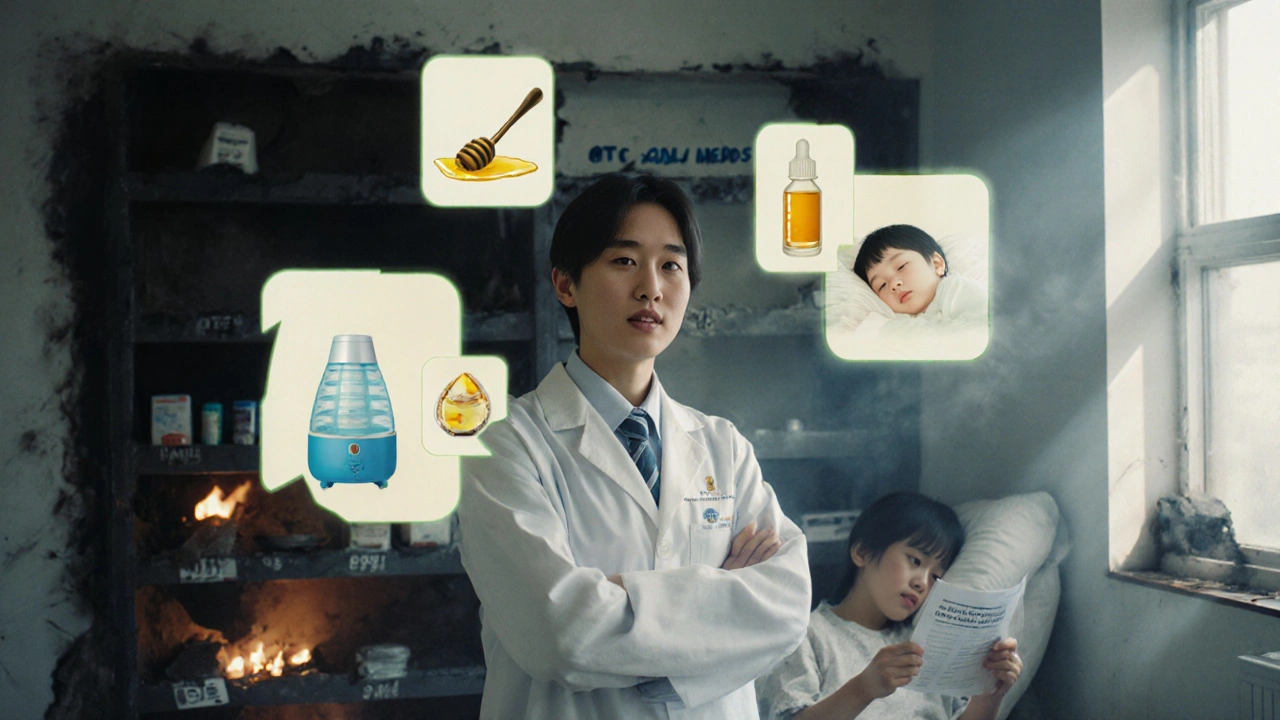 Pediatrician surrounded by glowing safe remedies as dangerous medicine bottles crumble to ash in a sunlit room.