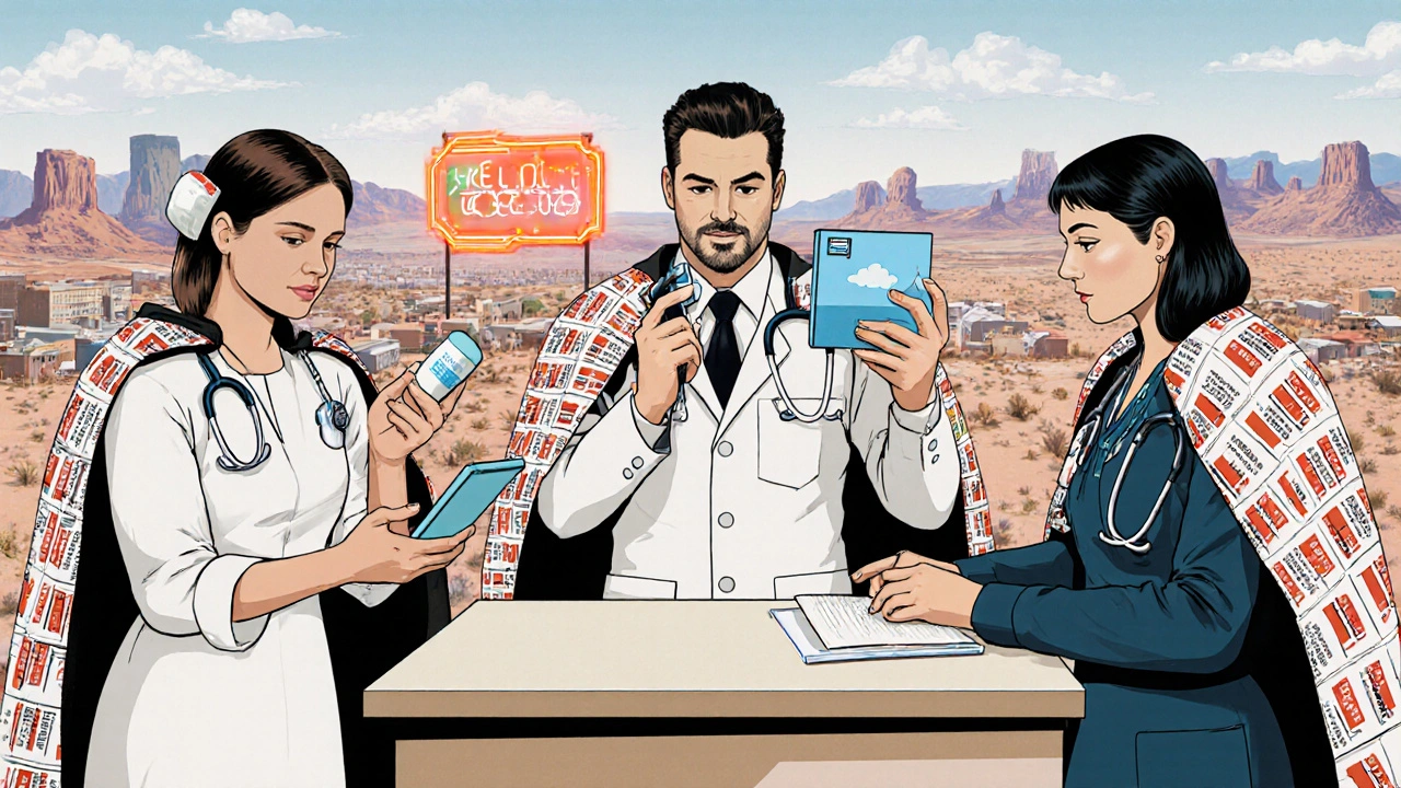 Pharmacists across America provide clinical care — adjusting meds, giving shots, and consulting via tech — depicted as healthcare heroes.