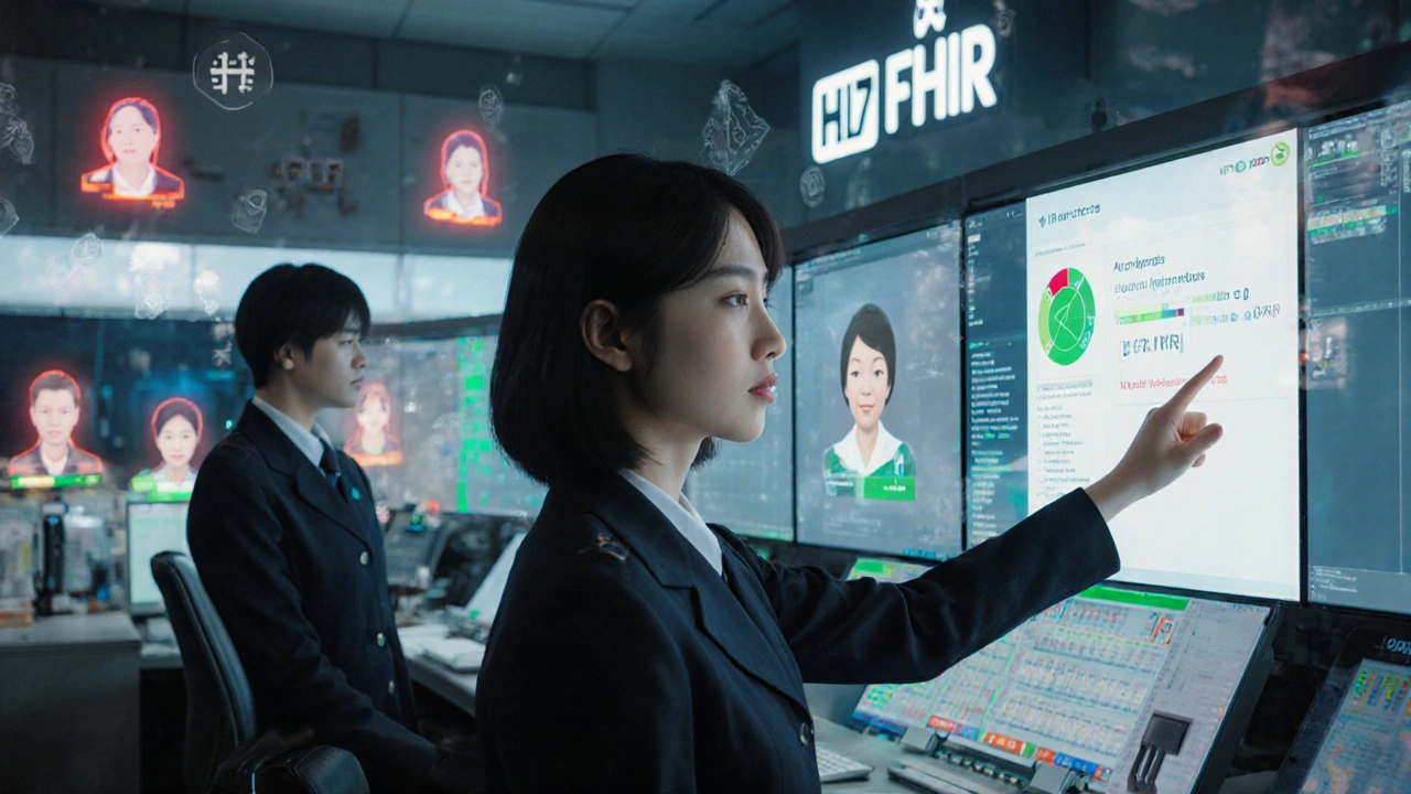 Pharmacy transformed into high-tech command center with holographic patient risk profiles.