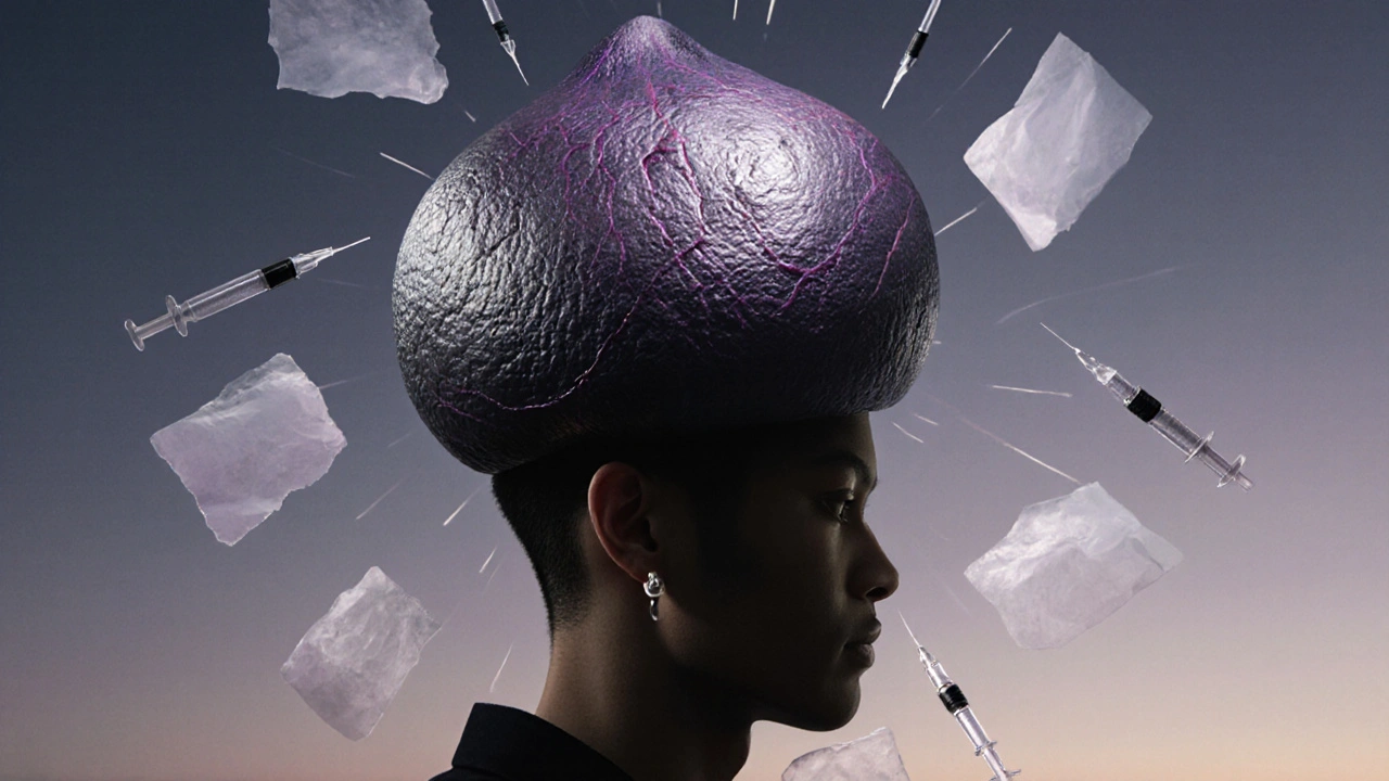 Raised keloid scar on ear with silicone sheets and medical tools floating around it.