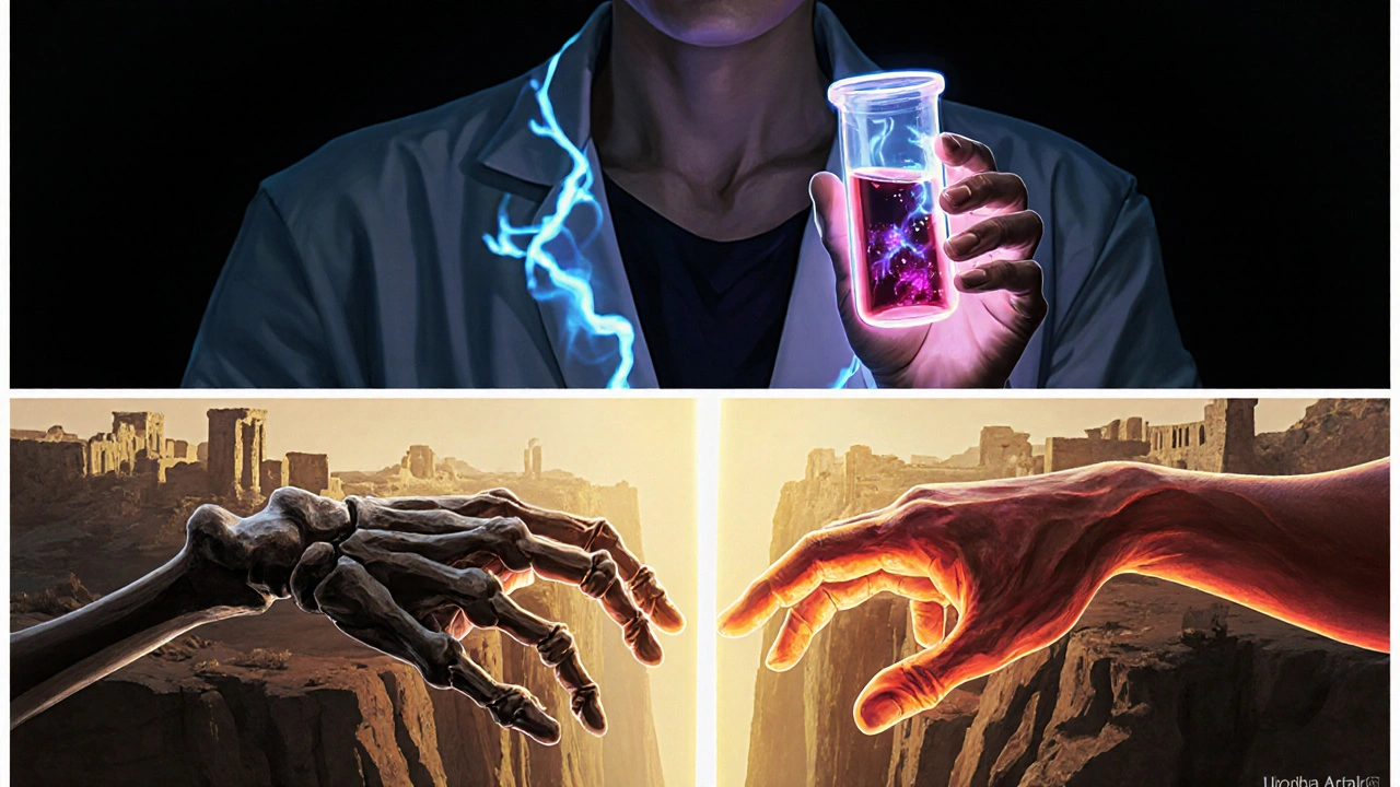 Rheumatologist holding glowing blood vial with X-ray transforming into skeletal landscape