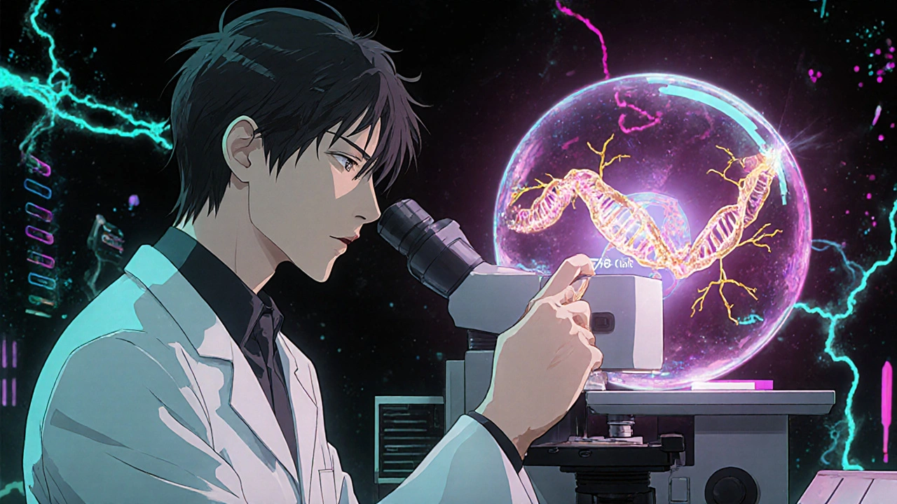 Scientists repairing CFTR gene with CRISPR technology in a high-tech lab.