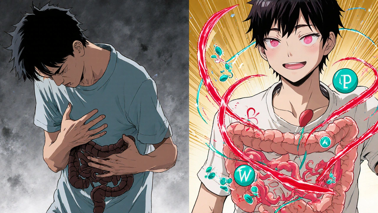 Split scene: constipated gut vs. restored bowel movement with colorful PAMORA molecules activating peristalsis.