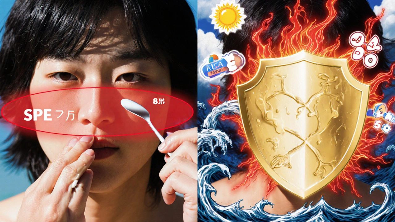 Split scene: one side shows inadequate sunscreen application with low SPF warning, other side shows full protective shield against UV rays.