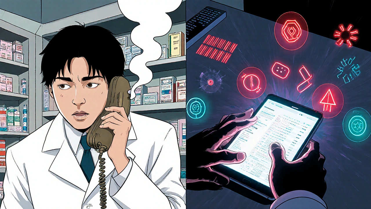 Split scene: pharmacist on old phone vs. modern interface with pulsing medical alerts.