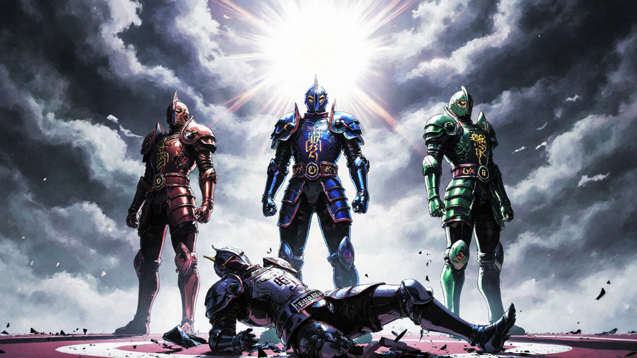 Three alternative blood thinners depicted as armored warriors, apixaban armor broken at their feet.