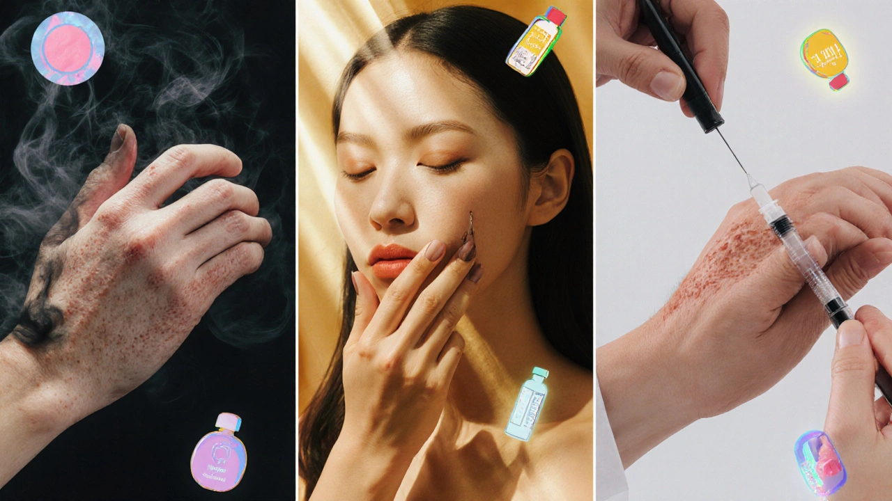 Three-panel scene: acne picking, sunscreen application, and keloid treatment with glowing ingredients.