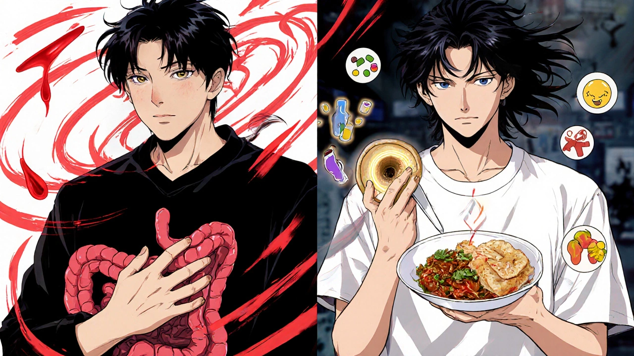 Two patients experiencing different IBD symptoms: urgency and bleeding versus malabsorption and fistula.