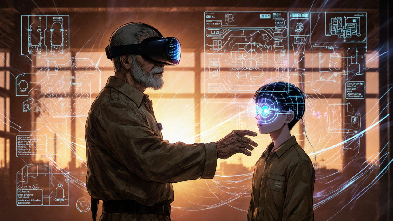 Veteran worker guiding a trainee through VR training, digital schematics reflected in their eyes.