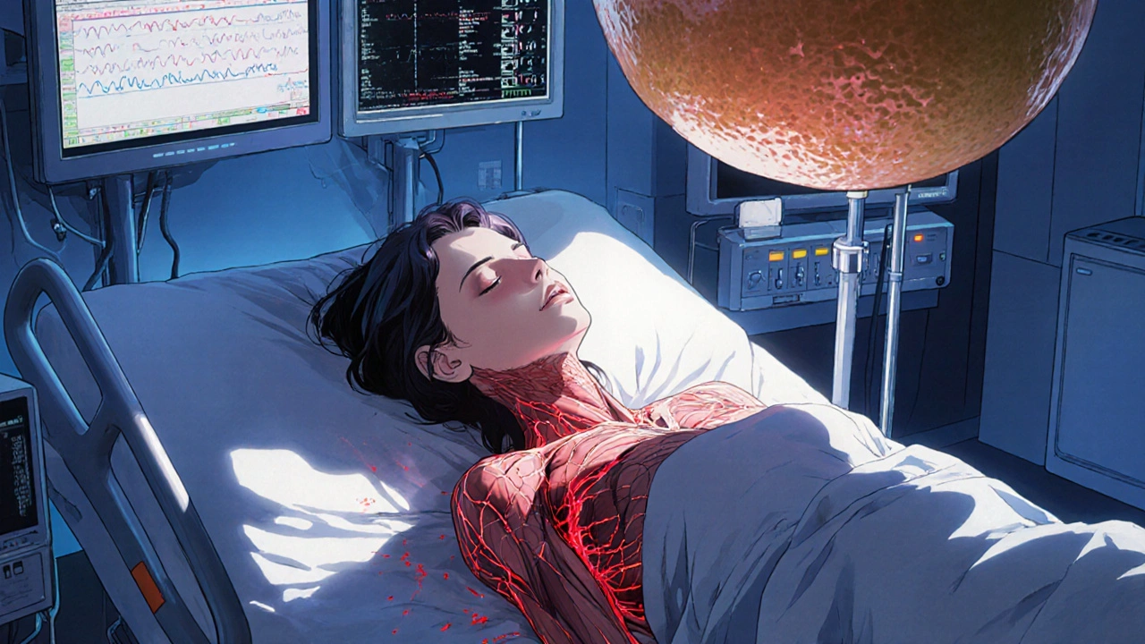 Woman in ICU with glowing muscle damage and a giant shadowy grapefruit above her bed.