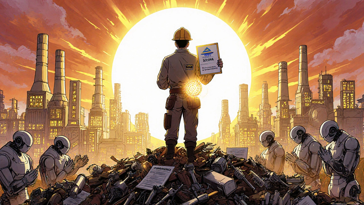 Worker atop a mountain of old tools, holding certification badges as robots bow in respect.
