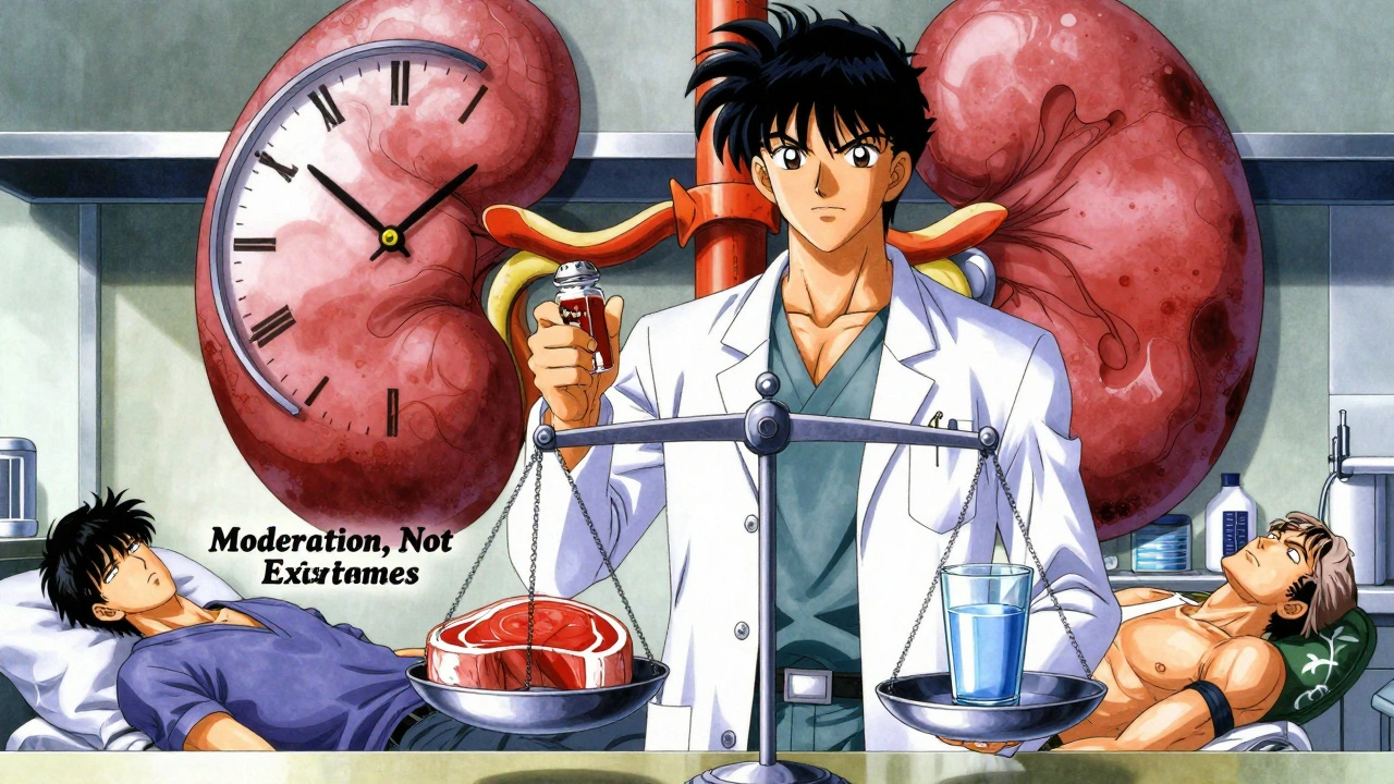 A dietitian balancing salt, protein, and water in a surreal kitchen, with a giant kidney clock ticking as patients react to their choices.