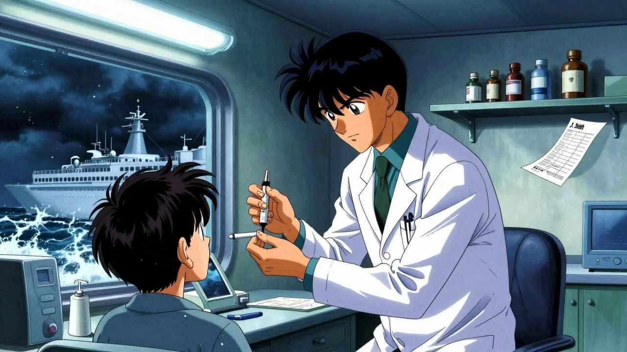 A doctor examines insulin in a cruise medical center at night, shelves nearly empty, stormy sea visible outside.