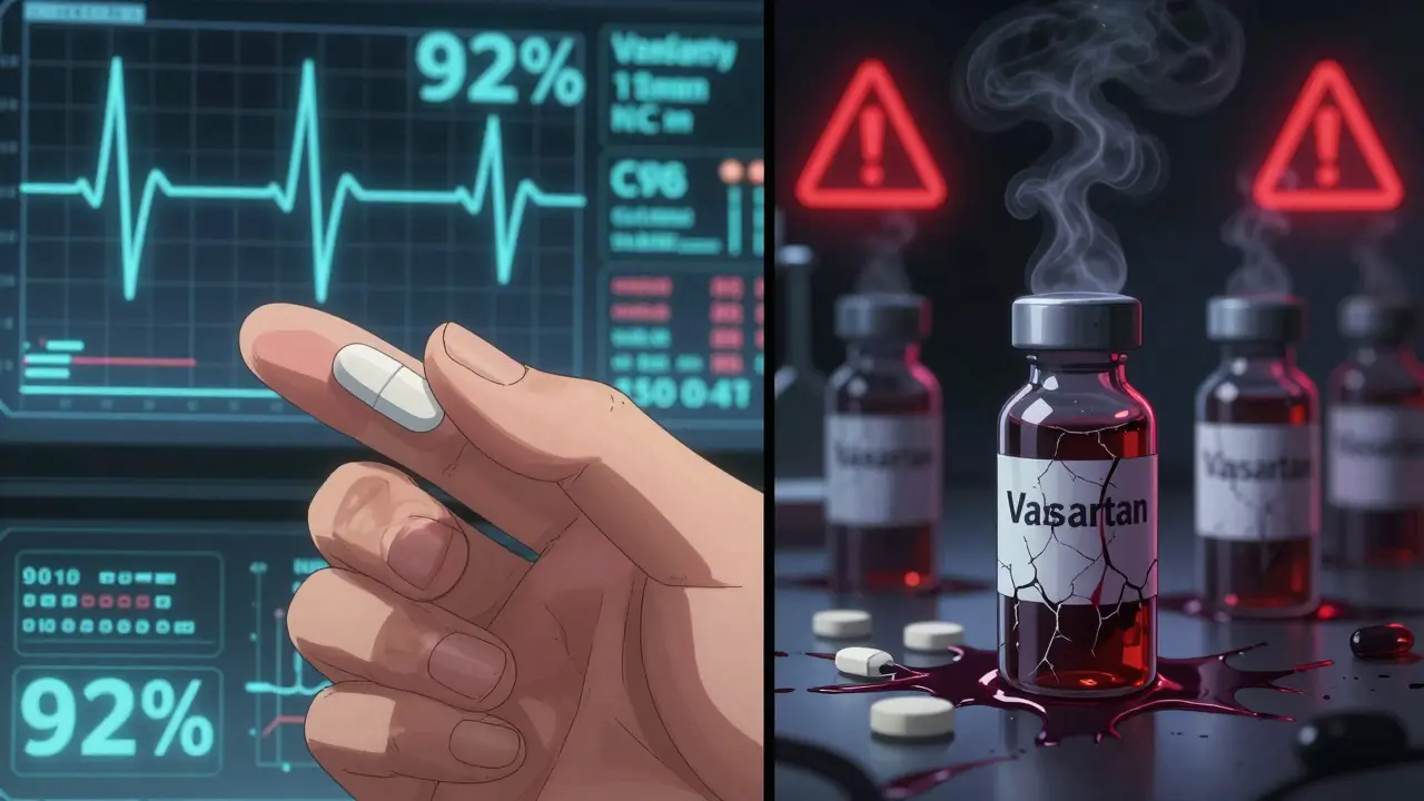A heart monitor shows steady rhythms next to leaking contaminated pill vials with warning symbols.