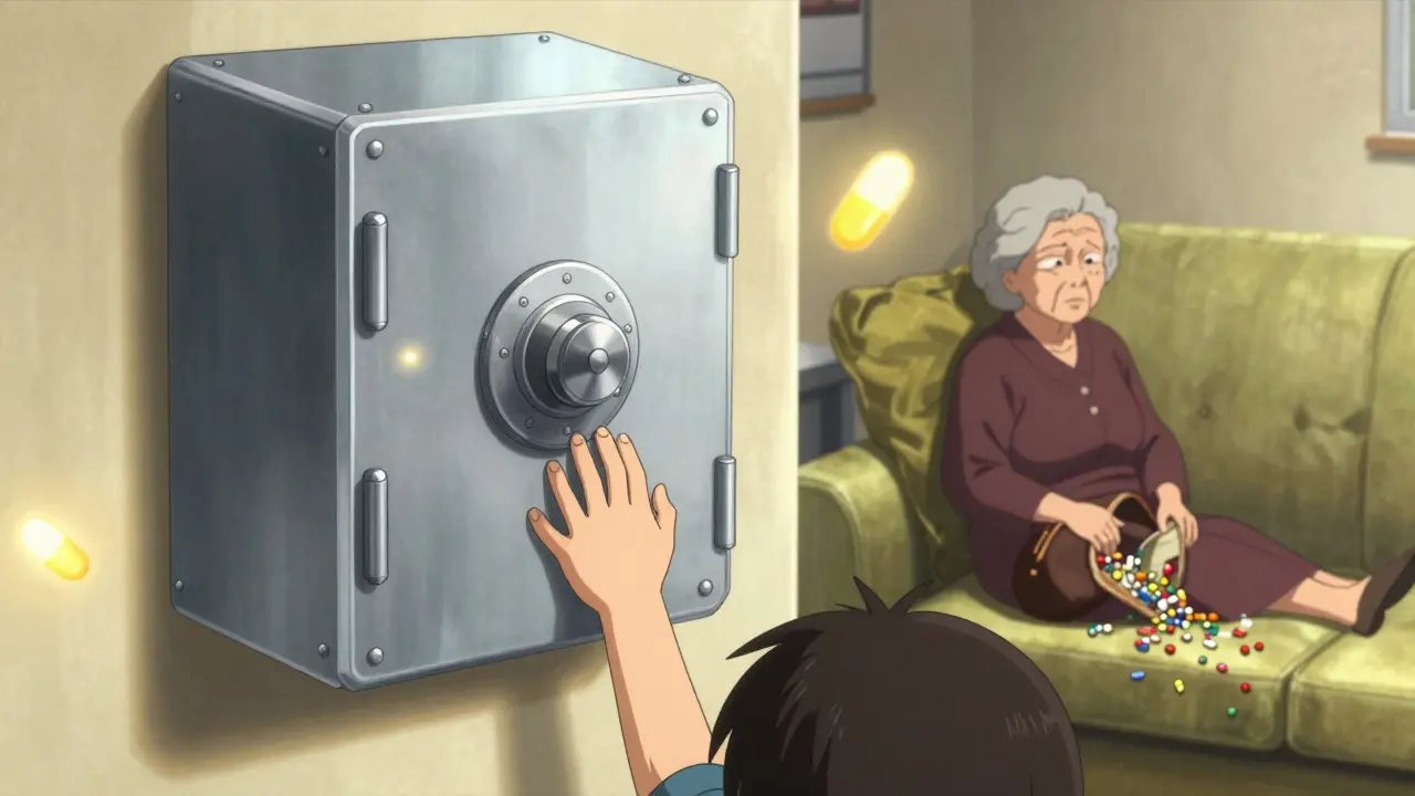 A locked medicine box on a high shelf blocks a child’s reach while pills spill from an open purse.