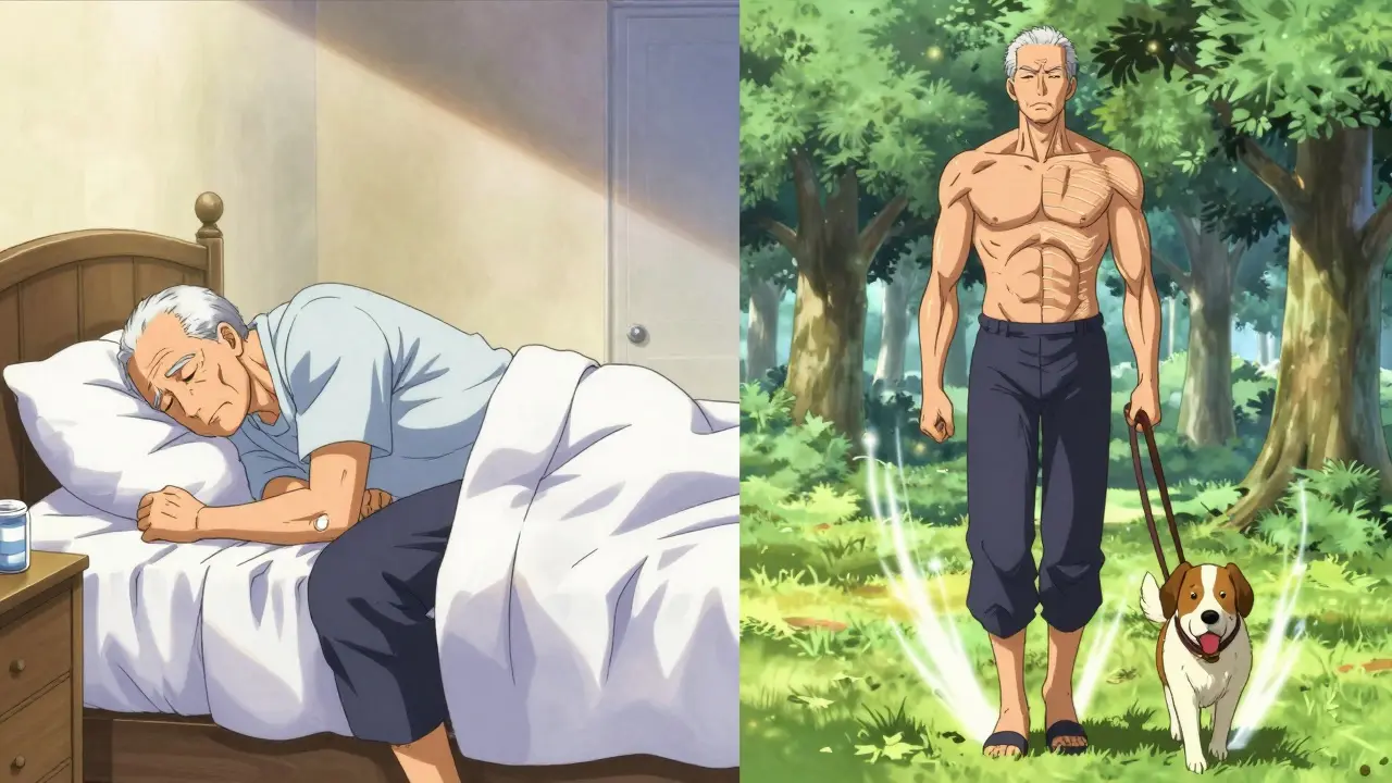 A man before and after tai chi practice: hunched in bed versus walking confidently with his dog.