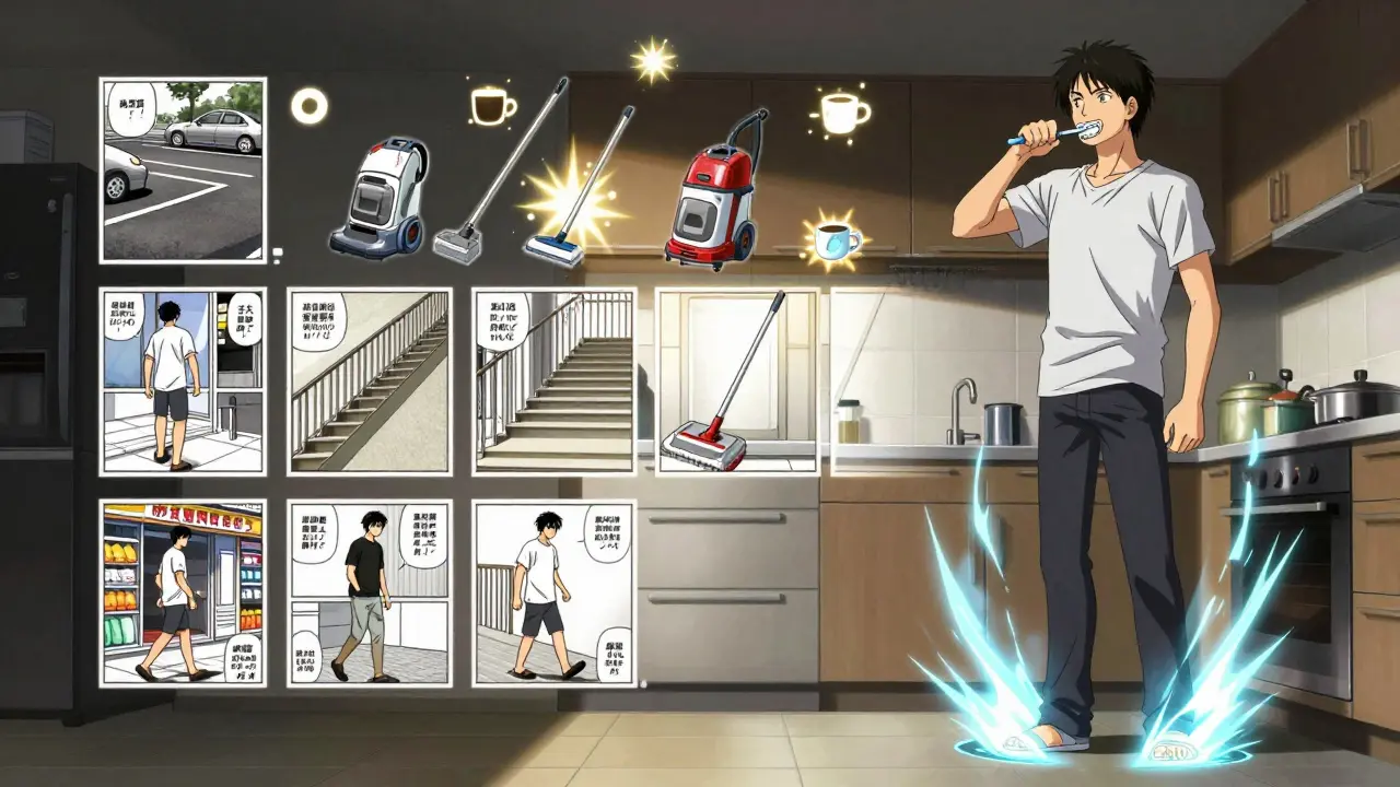 A man brushing teeth while pacing, with a manga-style timeline of his weight loss journey glowing on the wall.