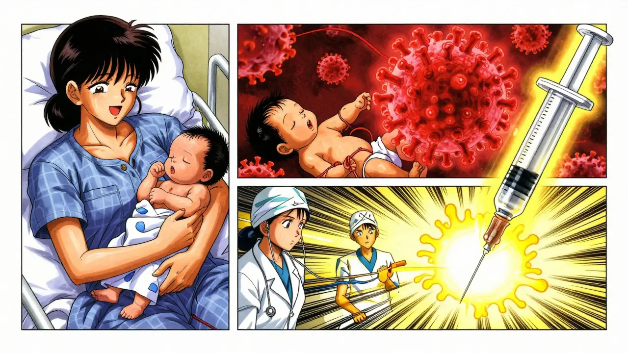 A mother holds her newborn as a vaccine symbolizes protection, with glowing viral particles and medical staff in dramatic anime style.