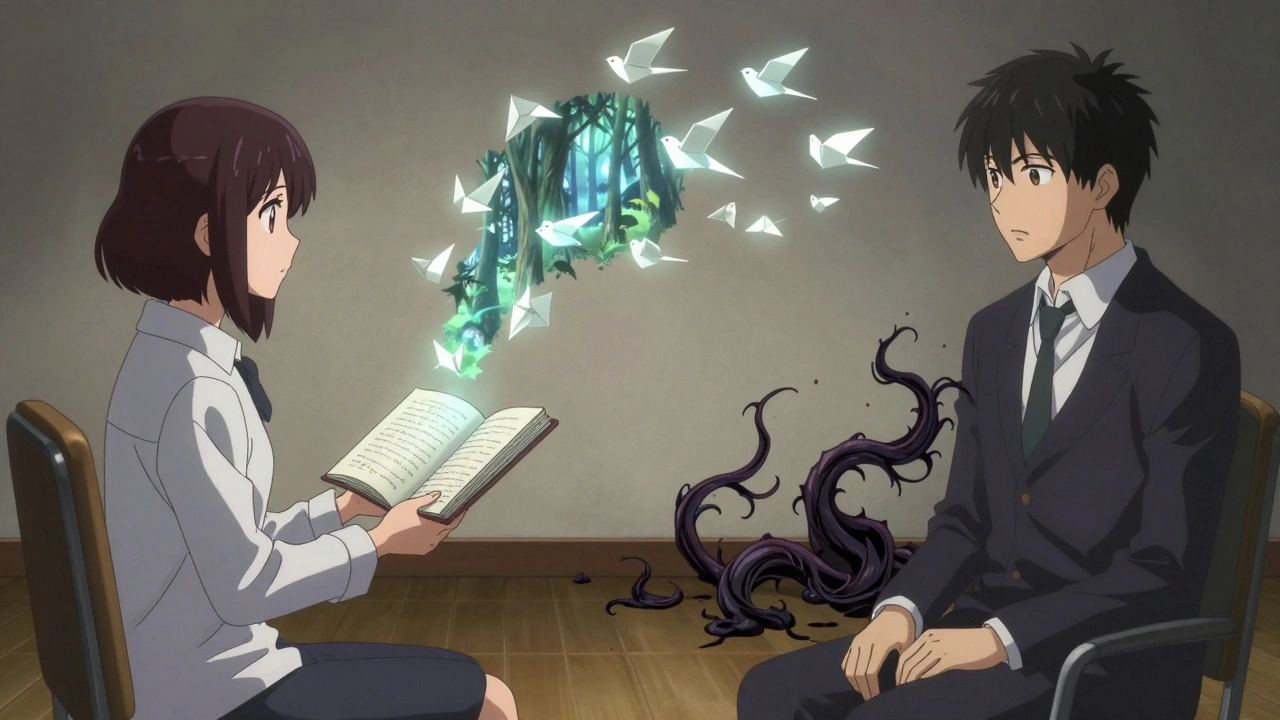 A person rewrites a nightmare into a peaceful forest, glowing imagery rising from their journal.