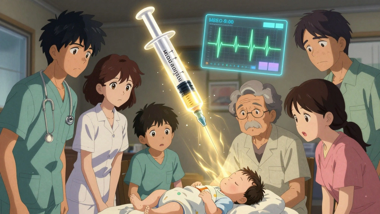 A smart oral syringe glowing with digital dosage info above a sleeping infant, surrounded by caregivers.