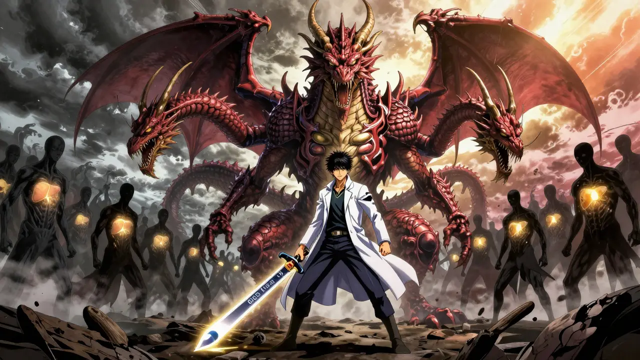 A warrior fights a multi-headed hepatitis C dragon with a single-pill sword, while shadowy figures heal in golden light behind them.