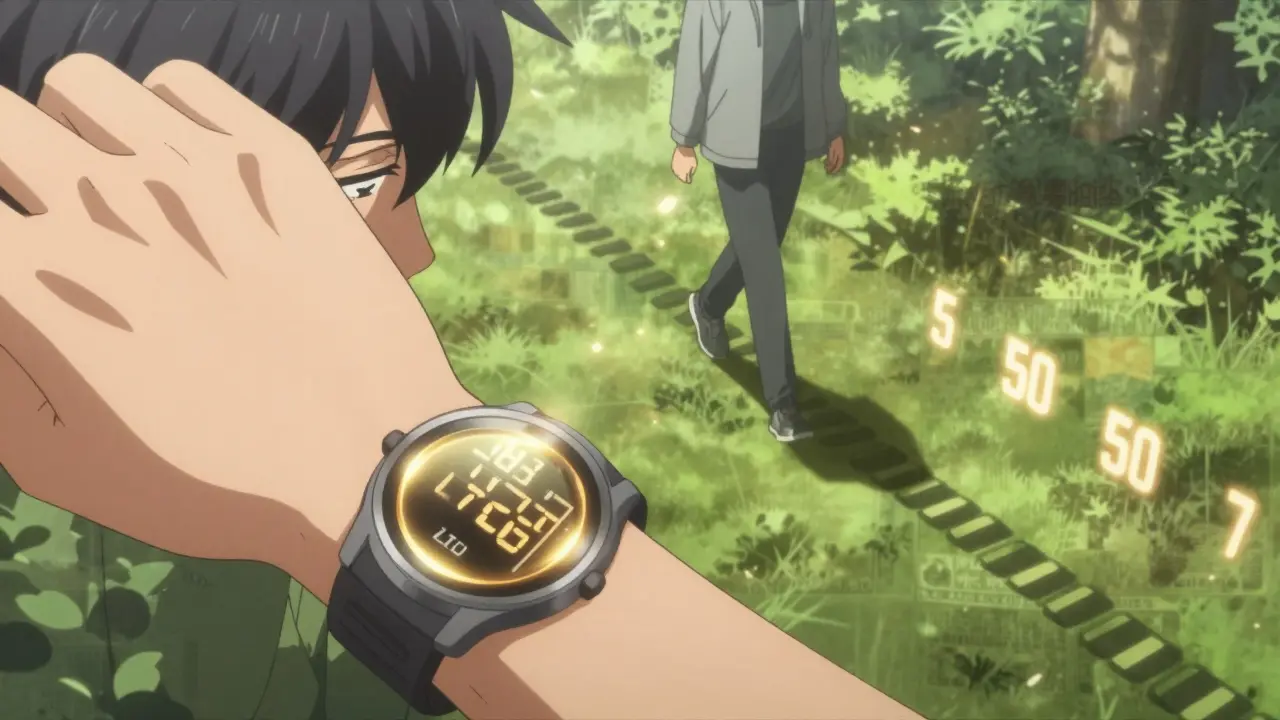 A wristwatch showing 7,500 steps with golden energy, person walking slowly in a park under cinematic light.