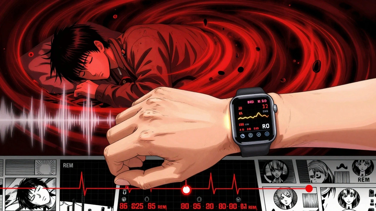 An Apple Watch emits gentle vibrations to disrupt nightmares, with sleep data floating in the air.