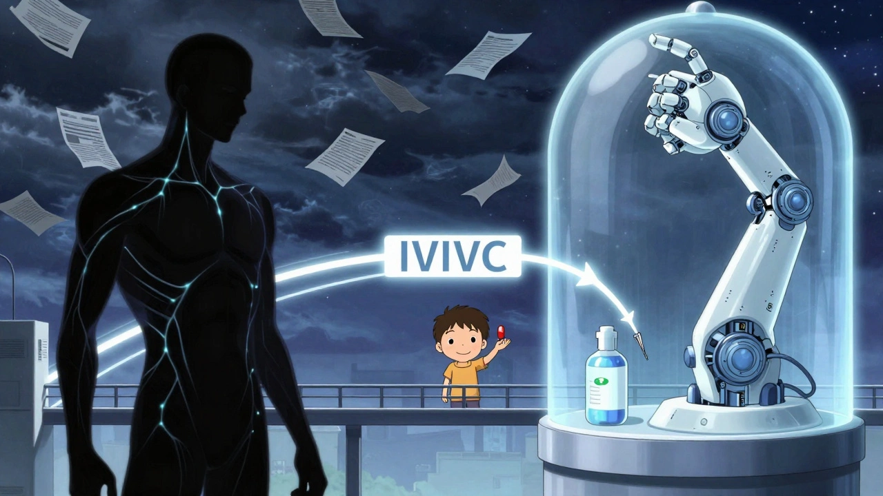 Contrasting scenes of in vivo and in vitro testing connected by a glowing bridge, with a patient at center.