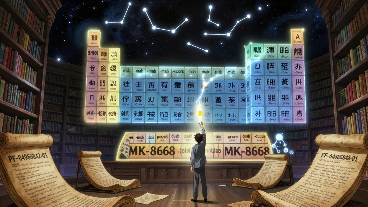 Cosmic library of drug names forming constellations, with a patient reaching toward a light bridge.