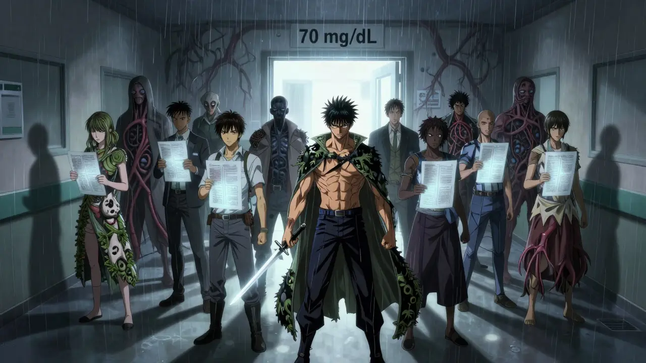 Diverse group holding lipid panels as swords, shadows becoming blocked arteries, glowing doorway labeled '70 mg/dL' ahead.