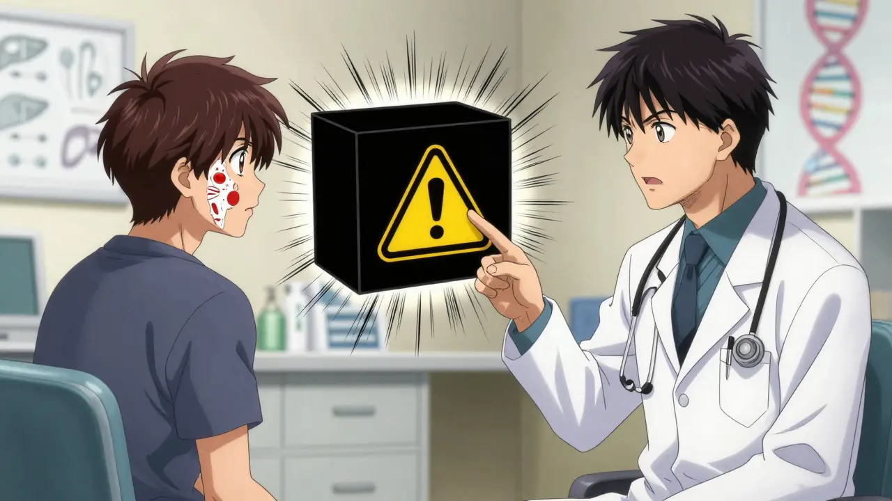 Doctor and patient facing each other with a spectral black box warning between them.