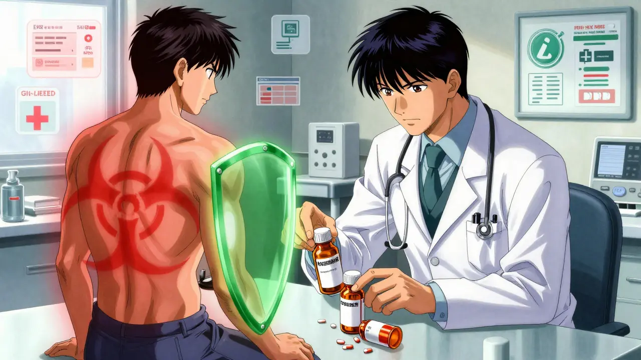 Doctor offers safe acetaminophen and PPI as a protective green shield glows over the patient.