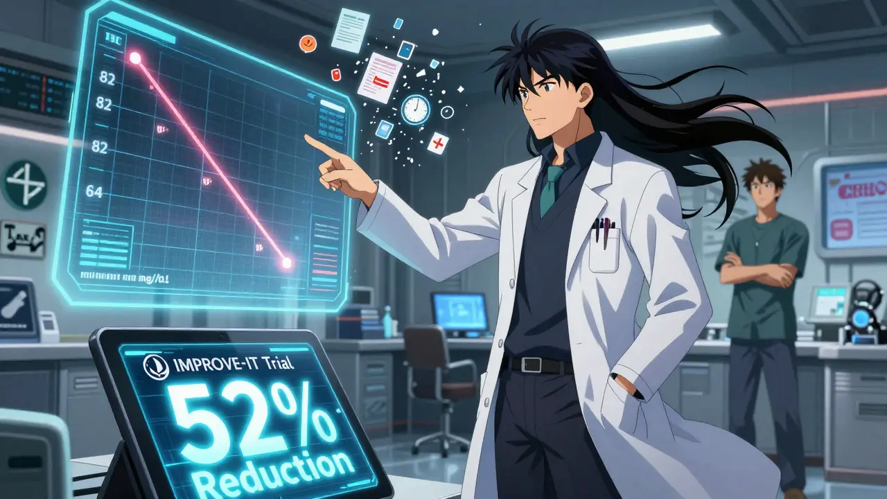 Doctor points to a holographic LDL chart as muscle pain and insurance icons shatter into pixels behind them.