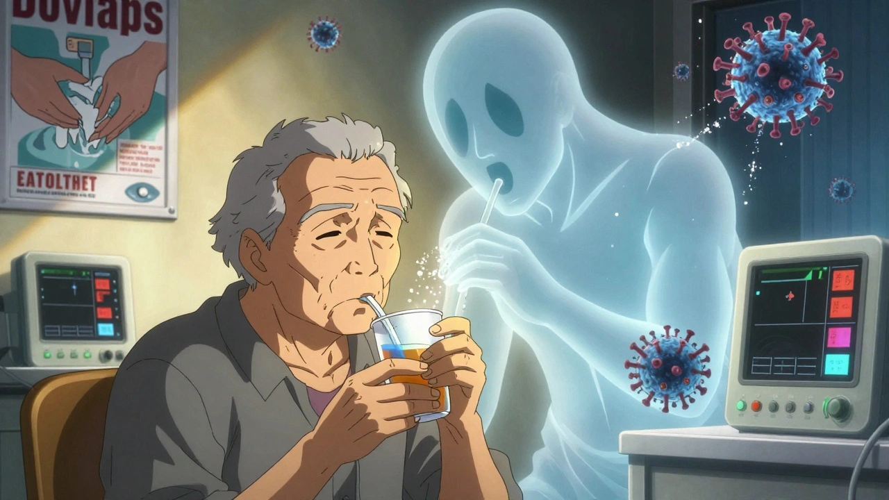 Elderly patient drinking rehydration solution as a ghostly norovirus particle dissolves into salt and sugar crystals.