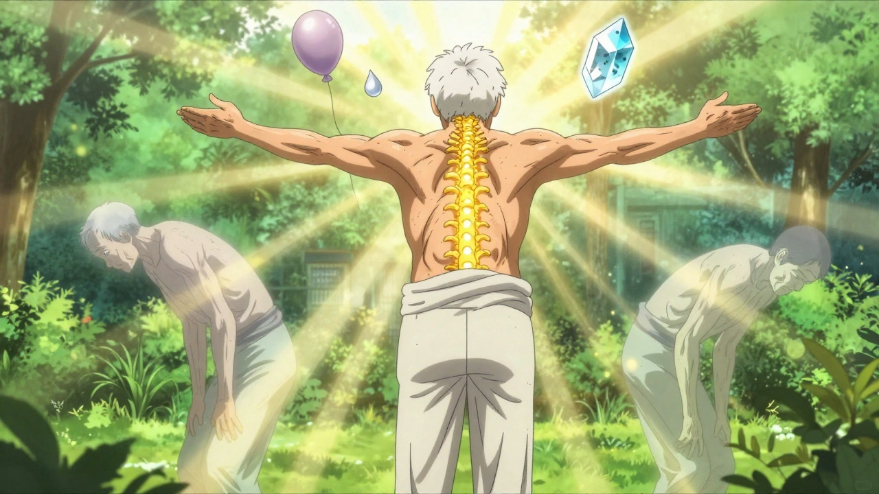 Elderly patient standing tall in a garden, spine glowing with restored height as ghostly hunched form fades away.