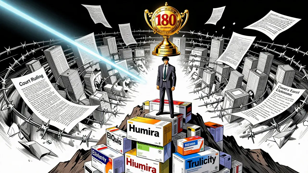 Generic drug executive standing atop brand drug boxes with golden 180-day exclusivity trophy glowing above.
