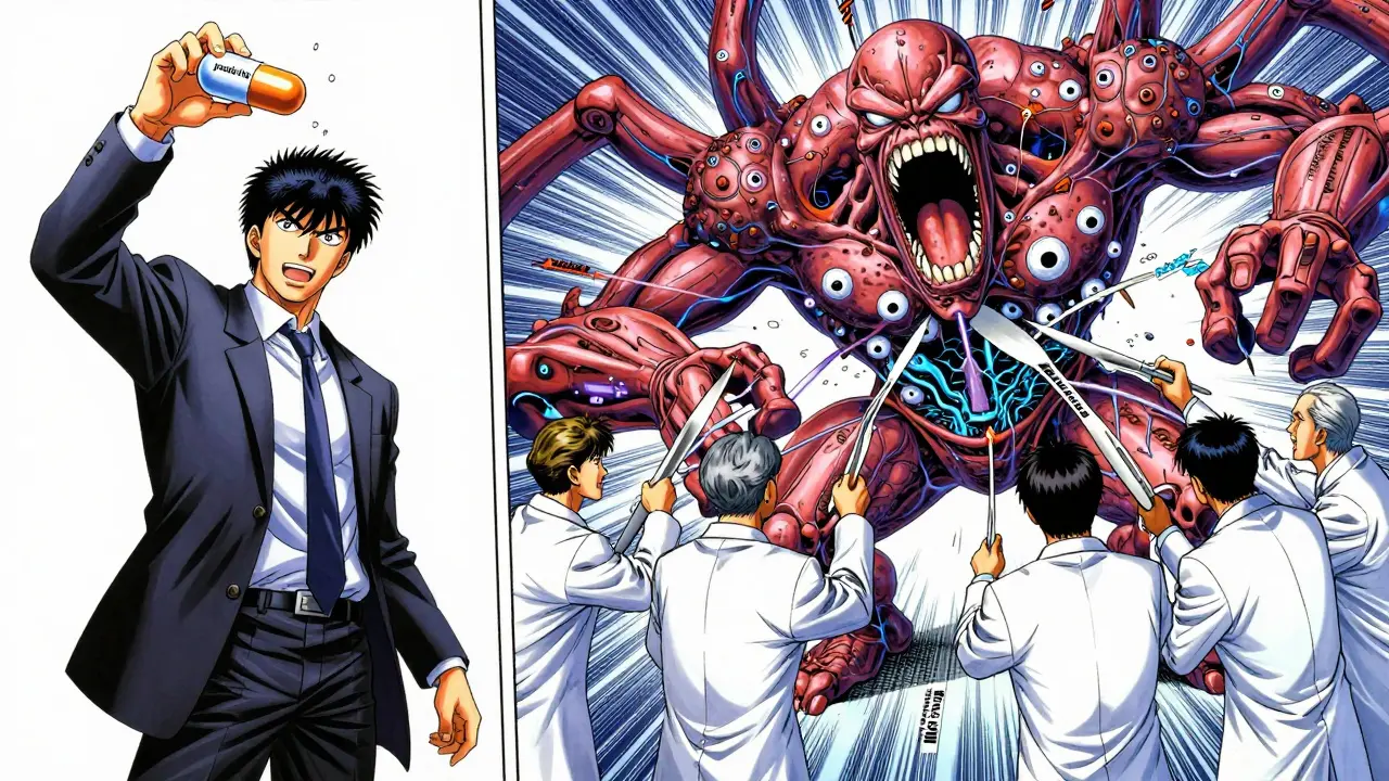 Generic team slicing through a monstrous patent creature with skinny label scalpels in battle scene.