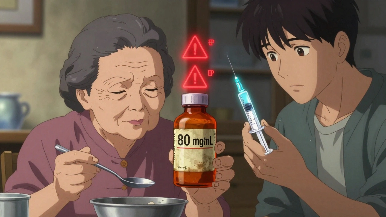 Grandmother holding an outdated medicine bottle while a younger parent shows her the correct syringe.